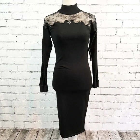 NWT Venus black bodycon midi dress with a lace accent and long sleeves,  size XS